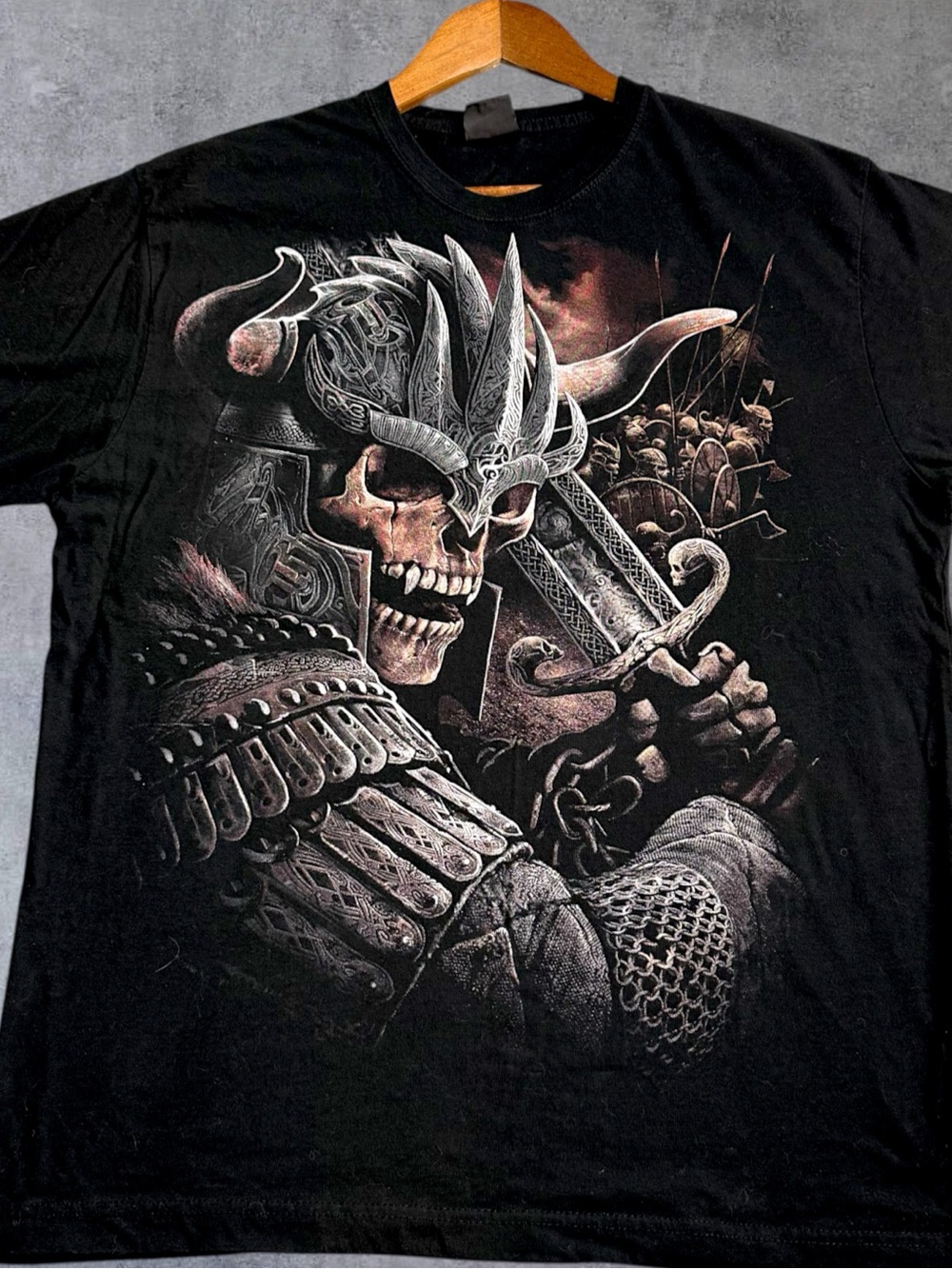 Spiral Direct Viking Skull T Shirt Mens XL Black Warrior Sword Double Sided